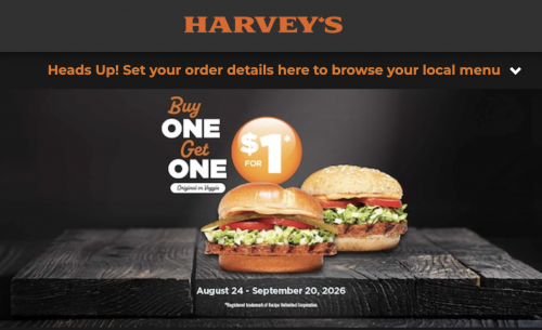 Harvey’s Canada Offers: Buy One Burger Get One for $1
